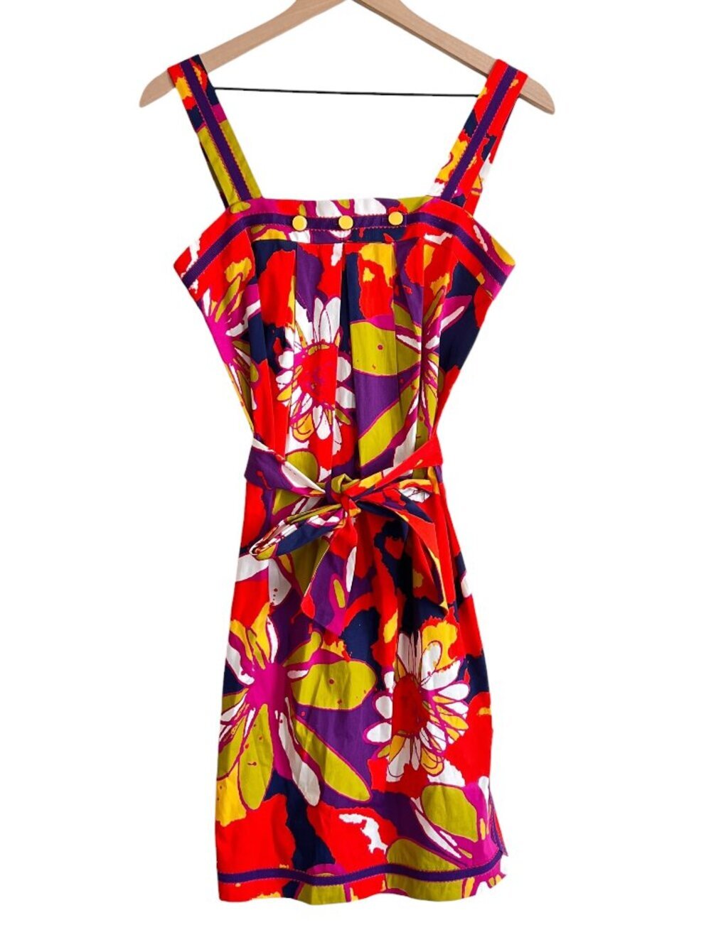Trina Turk Colorful Printed Sleeveless Tie Waist Belted Mini Dress